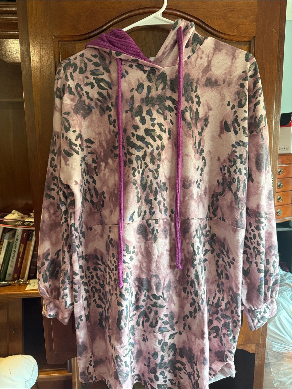 Women's Purple Tie-Dye Leopard Print Hoodie Dress